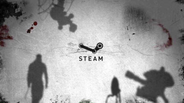 The Steam logo with horror game character shadows surrounding the dark textured wall