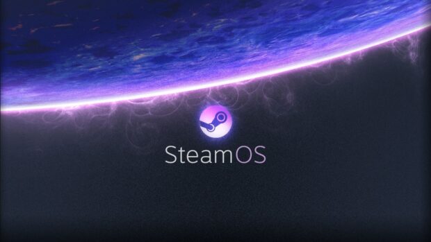 A glowing purple SteamOS logo under a vibrant blue and purple cosmic edge