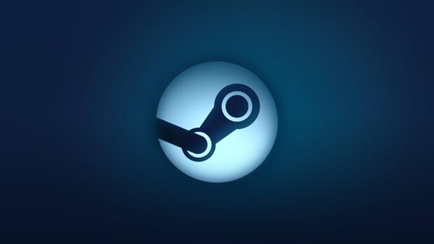 A glowing steam logo in a blue circular light on a dark blue background
