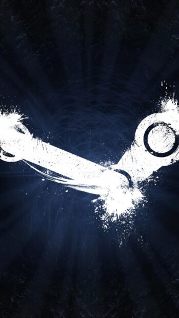 White Steam logo splash art on dark blue abstract background