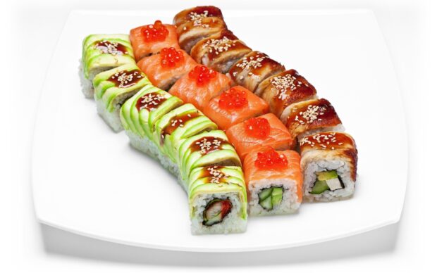 Fresh sushi with avocado cucumber and salmon on a white plate arranged in neat rows