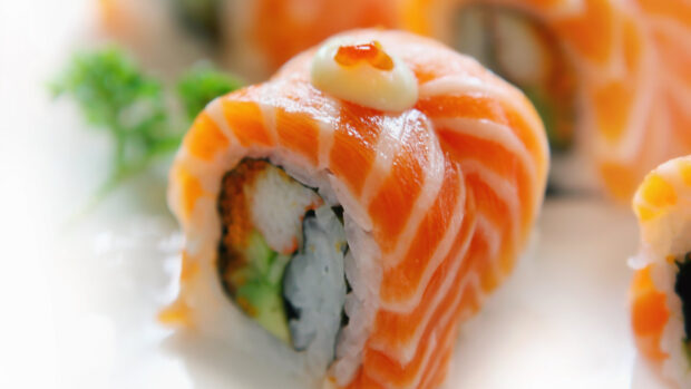 Fresh sushi roll with salmon and cream topping on a white plate featuring sushi ingredients