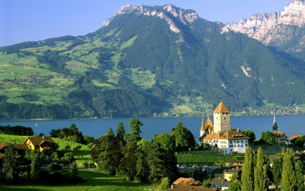 A scenic view of Switzerland landscape with a historic castle and mountain behind the lake