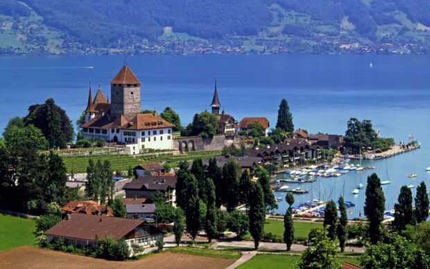 A scenic view of Switzerland with a historic castle by the lake and surrounding greenery