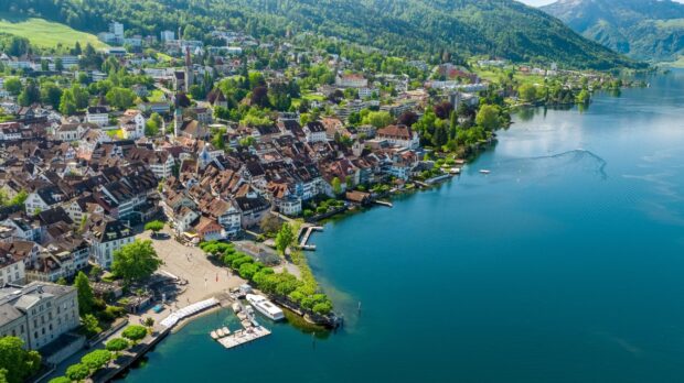A high quality Switzerland town with lake and lush green hills in clear weather