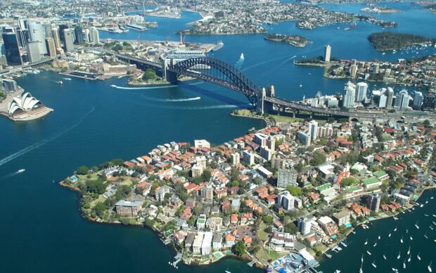 Sydney Wallpaper 2K Desktop Aerial view of Sydney cityscape with Sydney Harbour Bridge and Sydney Opera House in clear daylight