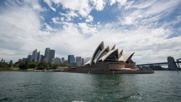 Iconic Sydney skyline featuring the opera house and harbor with cloudy blue sky
