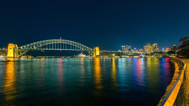 Night view of Sydney Harbour Bridge and city skyline with clear sky