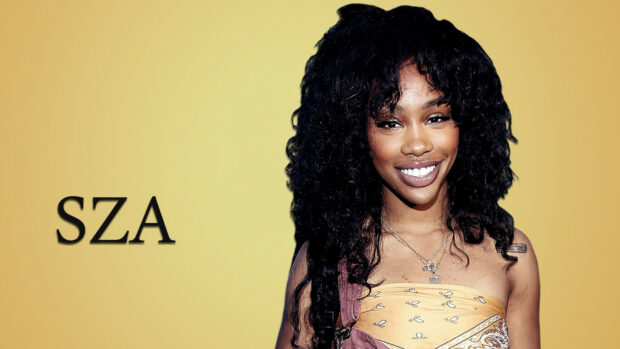 A smiling woman with curly hair wearing a yellow top on a yellow background with SZA text