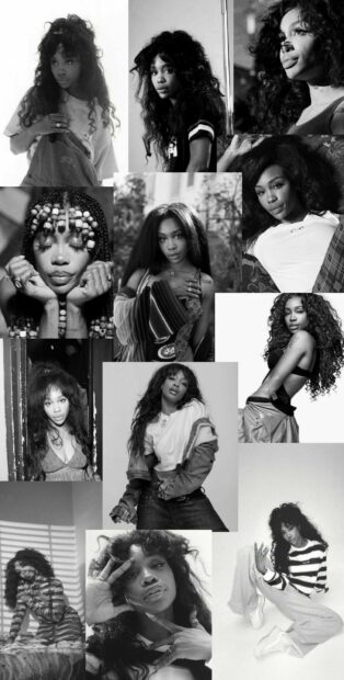 Sza with long curly hair poses in various artistic and stylish looks in black and white photos