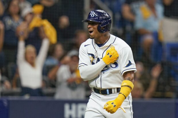 Tampa Bay Rays player celebrating during a baseball game in full uniform