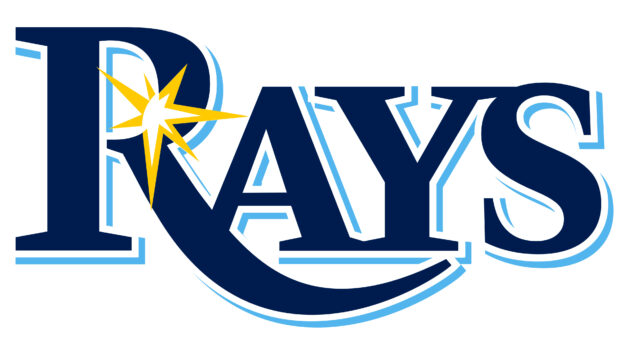 The Tampa Bay Rays logo with a navy blue font and a yellow starburst design on a white background