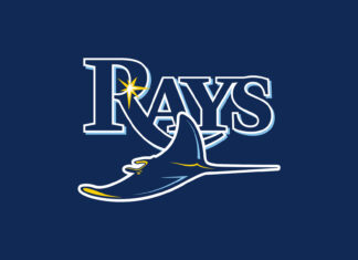 The Tampa Bay Rays logo with a stylized ray on a dark blue background
