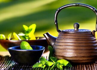 A brown teapot with fresh mint leaves in a bowl and on a bamboo mat