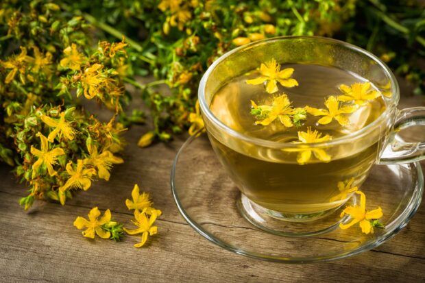 A glass cup of herbal tea with blooming yellow flowers on a wooden surface