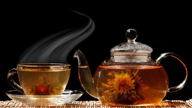 A blooming tea flower steeping inside a glass teapot with a steaming cup of tea on a glass saucer