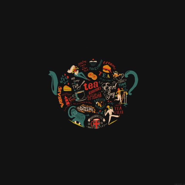 Creative teapot illustration featuring tea phrases and elements on a black background