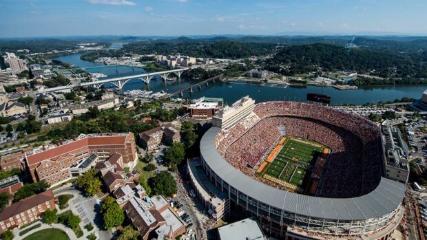 Aerial view of Tennessee with the football stadium and river landscape in clear daylight