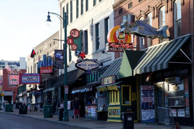 Historic Beale Street with vintage neon signs and lively cafes in Tennessee