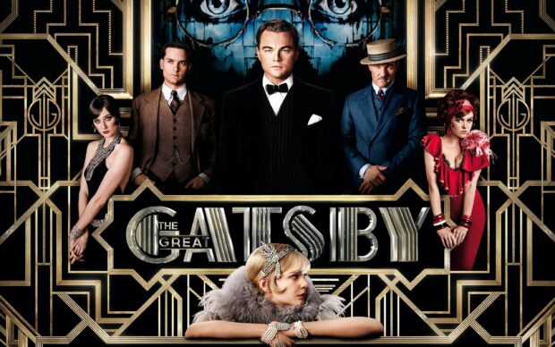 The great Gatsby characters dressed in 1920s fashion with art deco background