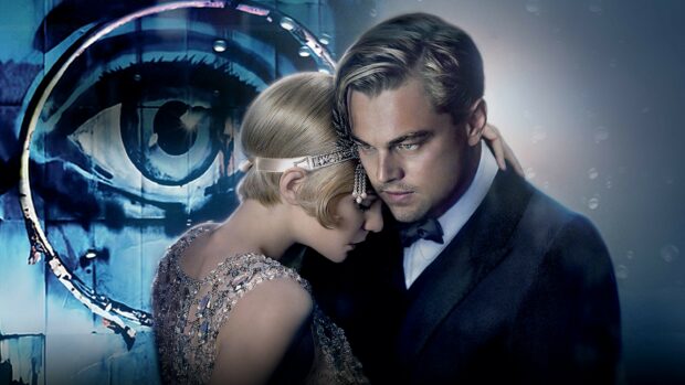 A tender moment featuring characters from The Great Gatsby in elegant attire