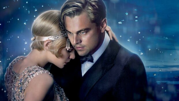 The Great Gatsby characters embracing in an elegant setting