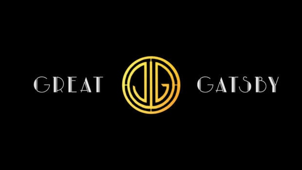 The Great Gatsby logo styled in elegant gold and white text on a black background