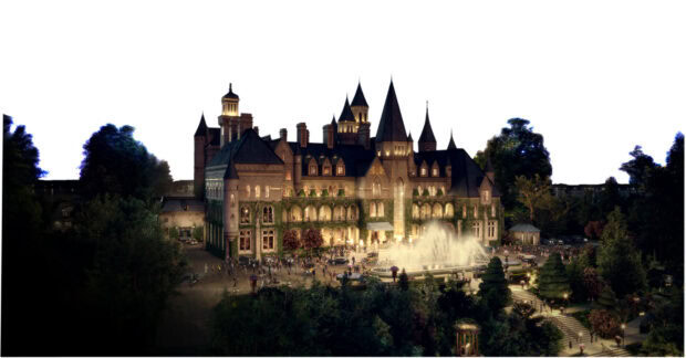 The Great Gatsby mansion and garden scene with party guests and elegant architecture at night