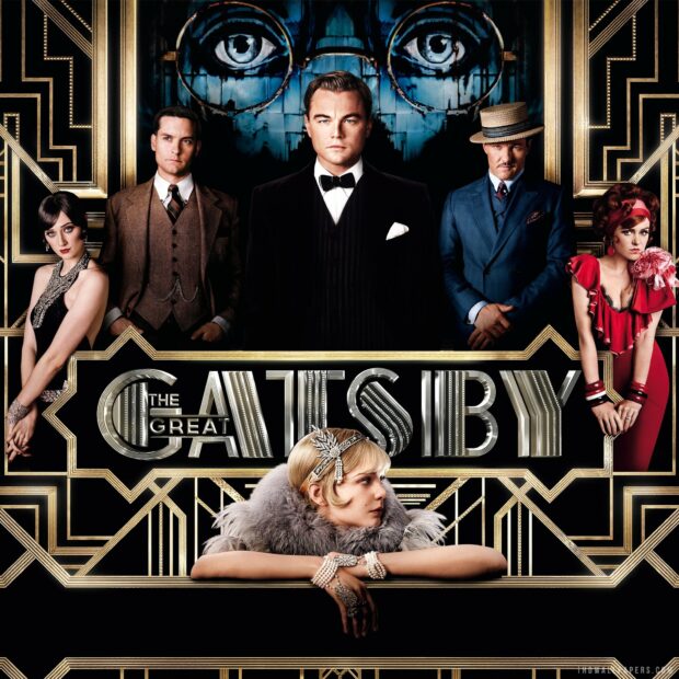 Characters from The Great Gatsby movie poster with art deco design and vintage costumes