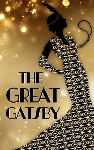 A silhouette of a Great Gatsby era woman in an elegant dress with geometric patterns