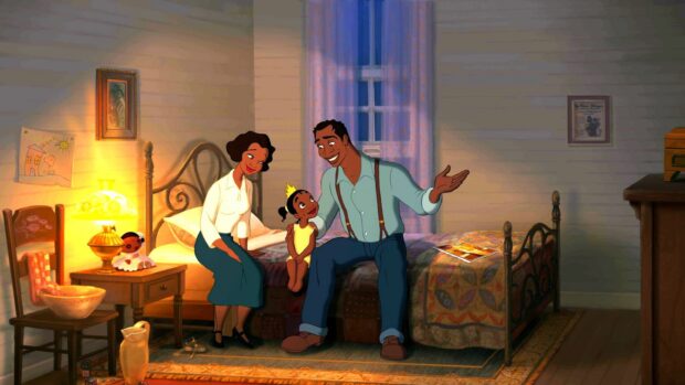 A loving family scene from The Princess And The Frog featuring parents and their child in a cozy room