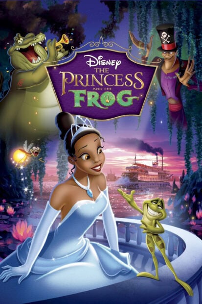 A princess and a frog standing by the river in a magical evening setting
