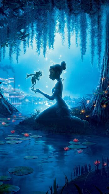 A princess holding a frog by the river under hanging moss in a magical evening scene