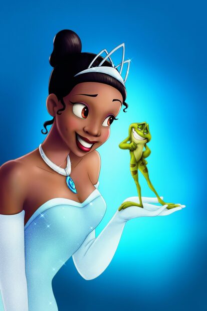 The princess holding a charming frog with a sparkling blue dress and tiara