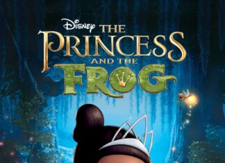The princess smiling and holding a frog in a magical swamp setting