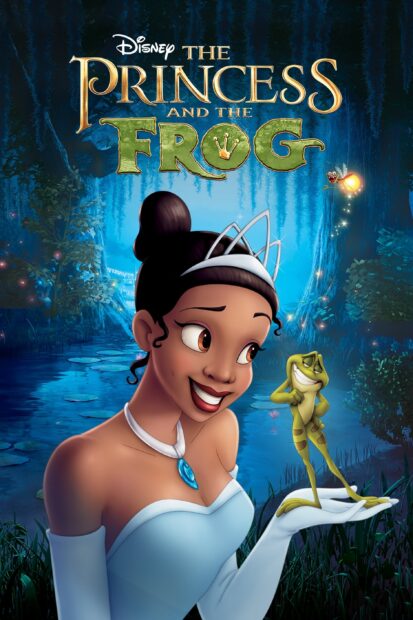 The princess smiling and holding a frog in a magical swamp setting