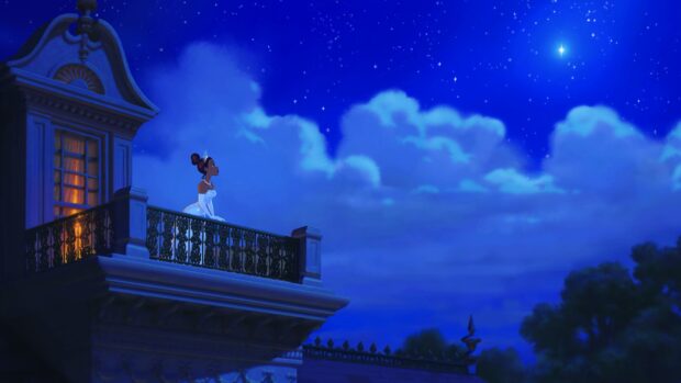 A princess looking at the night sky from a balcony under a starry sky