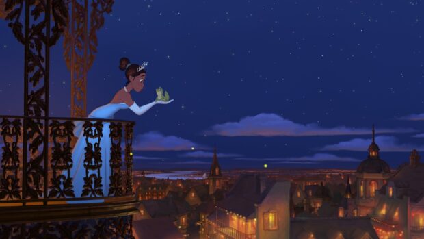 The princess holding the frog on a balcony overlooking the night cityscape