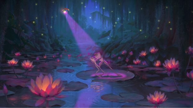 Two frogs dancing on a lily pad in a magical swamp at night