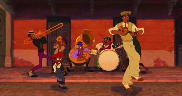 A lively jazz band playing instruments and dancing in the street from The Princess And The Frog