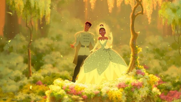 The princess and prince standing in a magical garden surrounded by colorful flowers and glowing lights