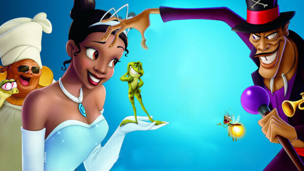 The princess holding a frog character with a man in a hat casting a spell in the scene
