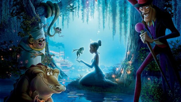 The princess holding a frog in a magical bayou scene with various characters around