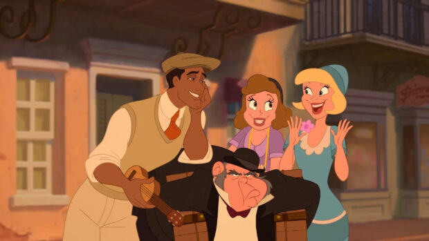 A man playing a guitar and two women smiling with a grumpy man in front on a street scene