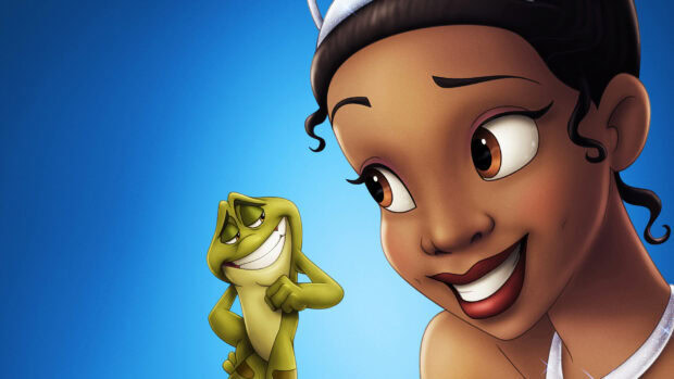 A princess smiling at a confident frog against a blue background