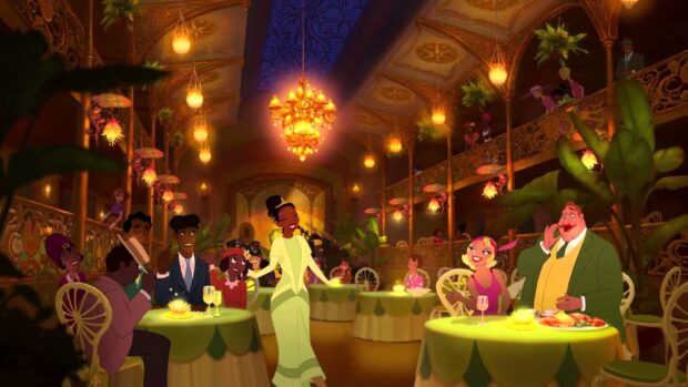 A joyful scene of the princess and her friends celebrating in a lively restaurant environment