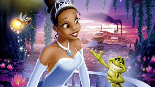 The princess and frog characters smiling near a river at sunset