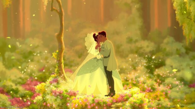 The princess and prince sharing a romantic moment in a magical forest setting