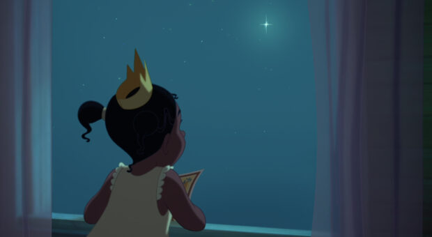 Little girl wearing a crown looking at a star outside the window in a night scene