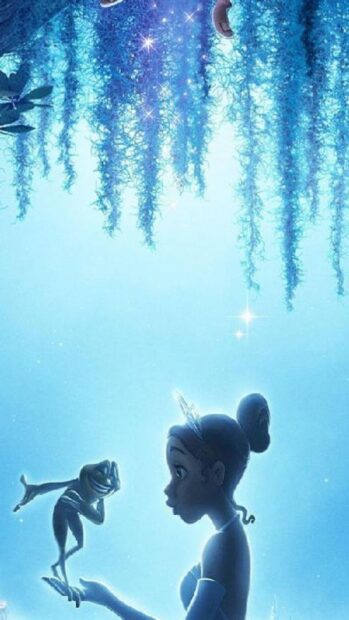 A young girl with a crown holding a charming frog in a magical blue scene